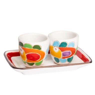 Handmade Sicilian Coffee Cups with Tray Set Fish Folk Ceramiche De Simone Handmade Sicilian Coffee Cups with Tray Set Fish Folk Ceramiche De Simone